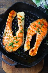 Grilled Salmon steak on a griddle pan