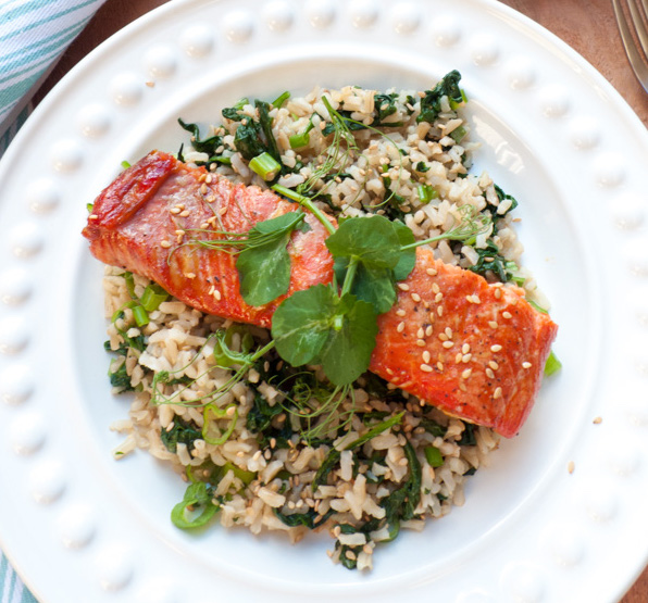 Maple-Marinated Salmon with Sesame-Spinach Rice