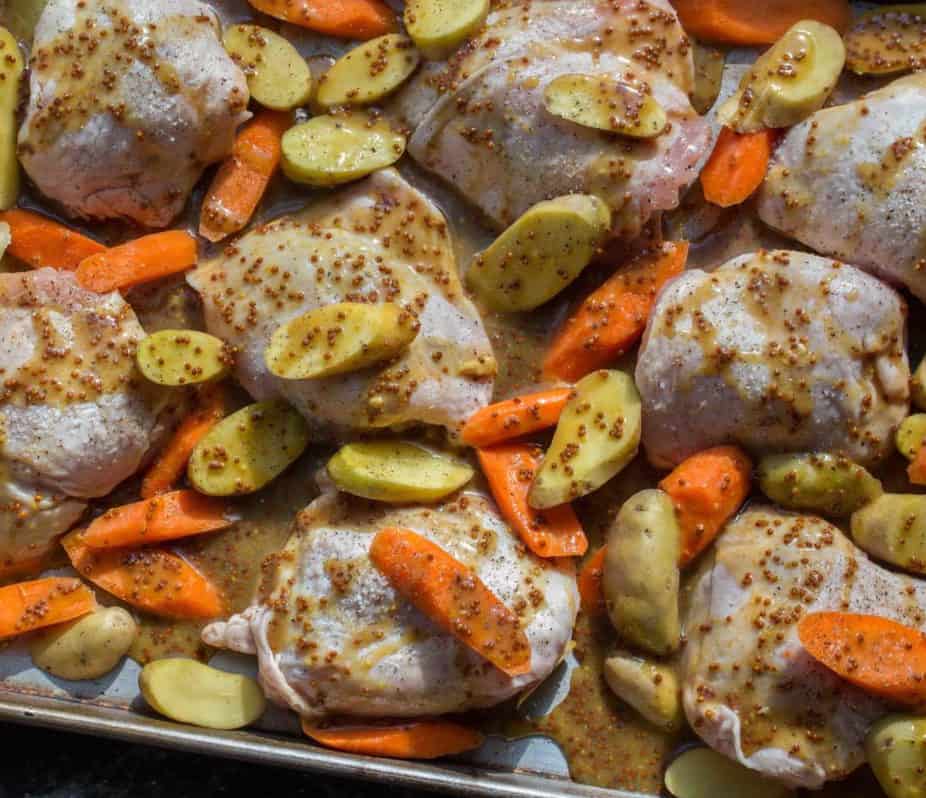 One Pan Chicken, Carrots and Potato with Maple Mustard Sauce