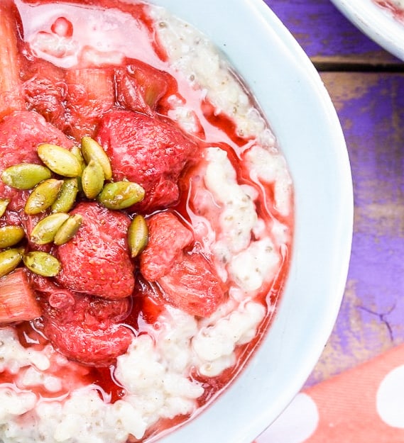 Coconut creamed rice with stewed rhubarb and strawberries 