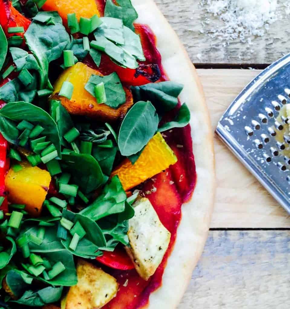 Pumpkin, capsicum, sweet potato and spinach pizza 