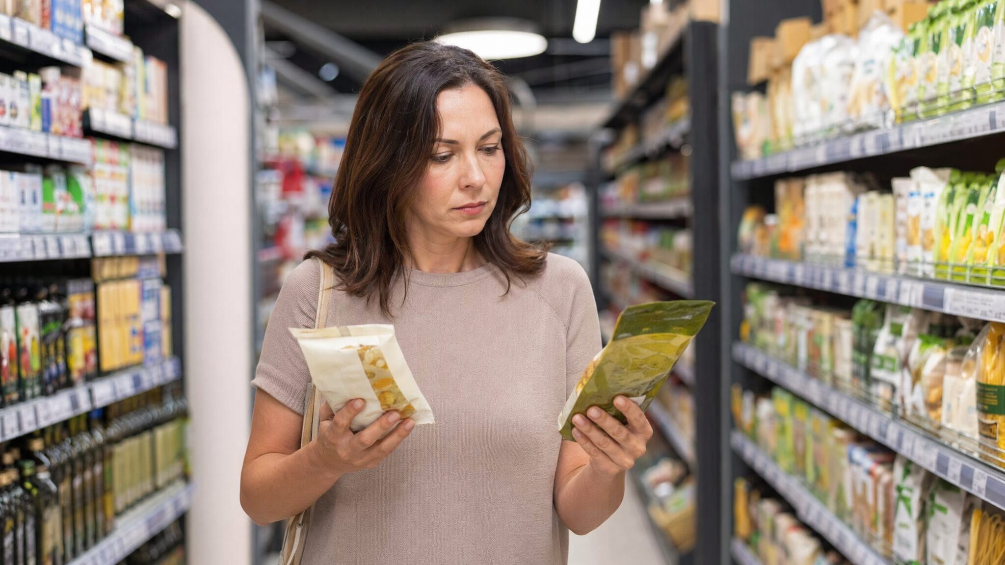 Label-reading visual: low FODMAP confusion often shows up in the supermarket aisle.