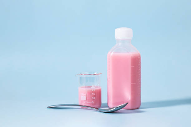 Image of an antimicrobial sitting on a table. Medicine, syrup, liquid, for children, for toddlers
