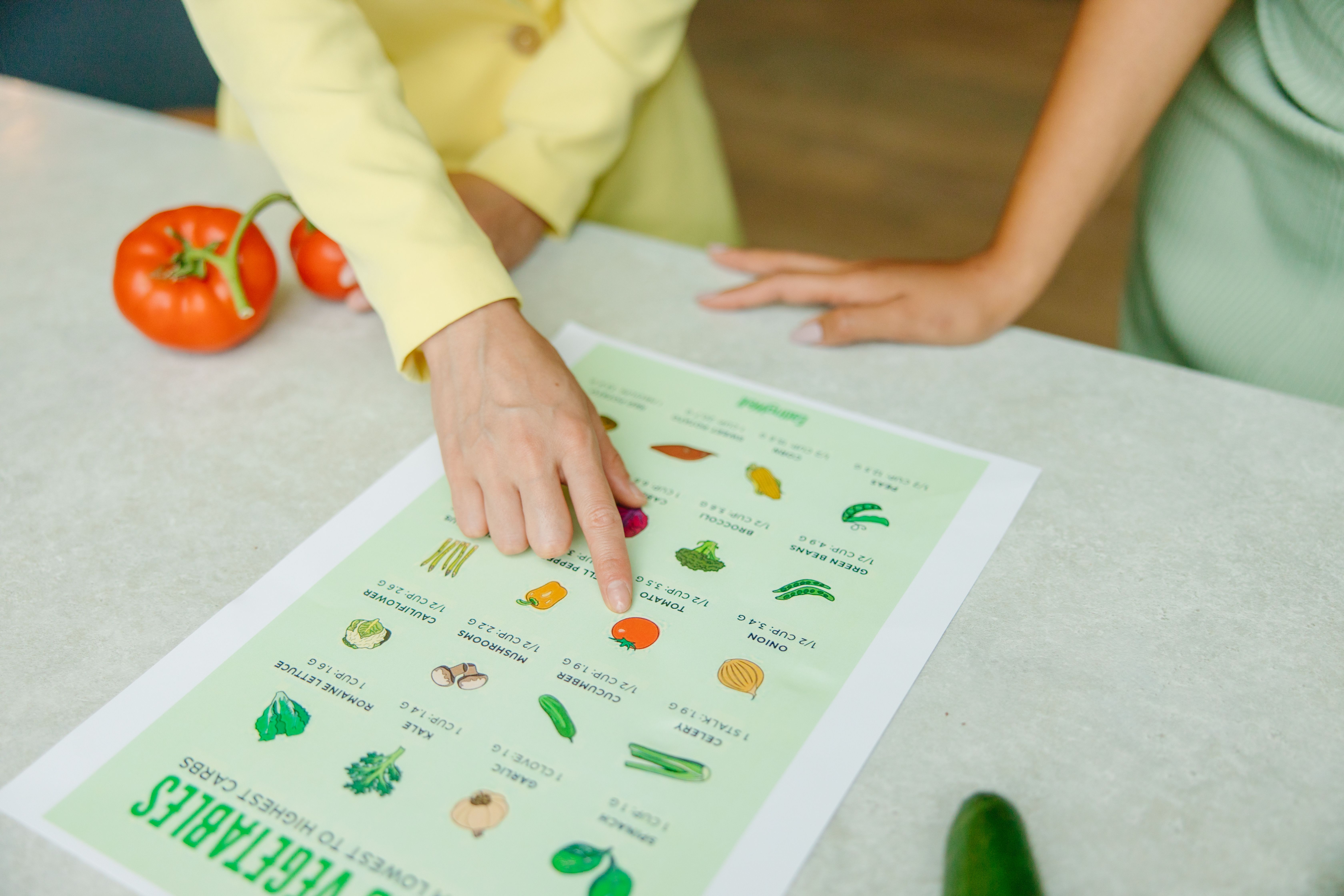 Image of a dietitian holding a stack of papers in hand which are test results. Small food list